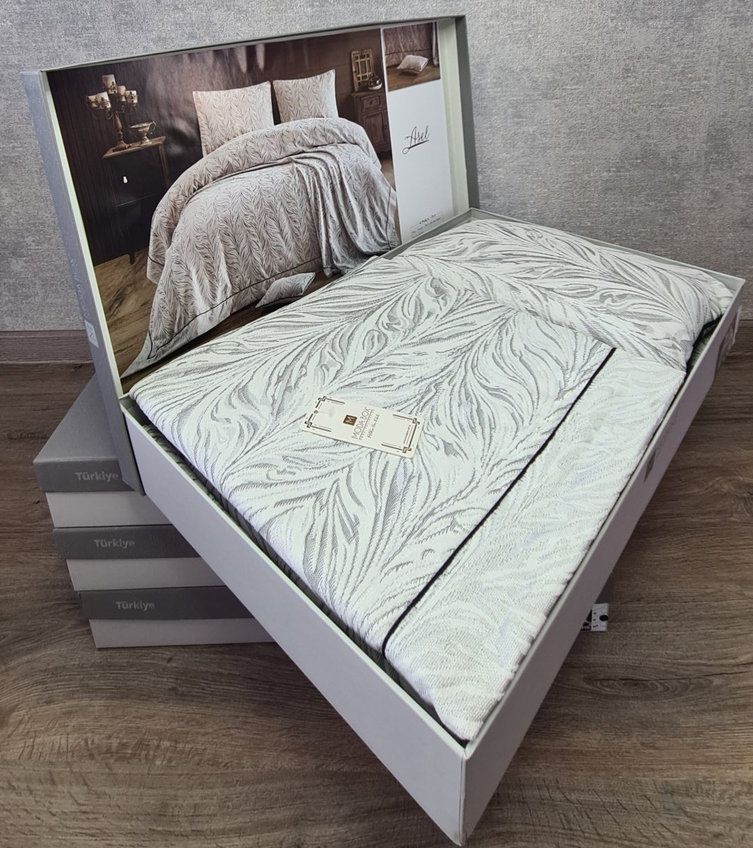 Покрывало с наволочками Moda Box 240х260 см, хлопок, жаккард, белый, серый купить,0