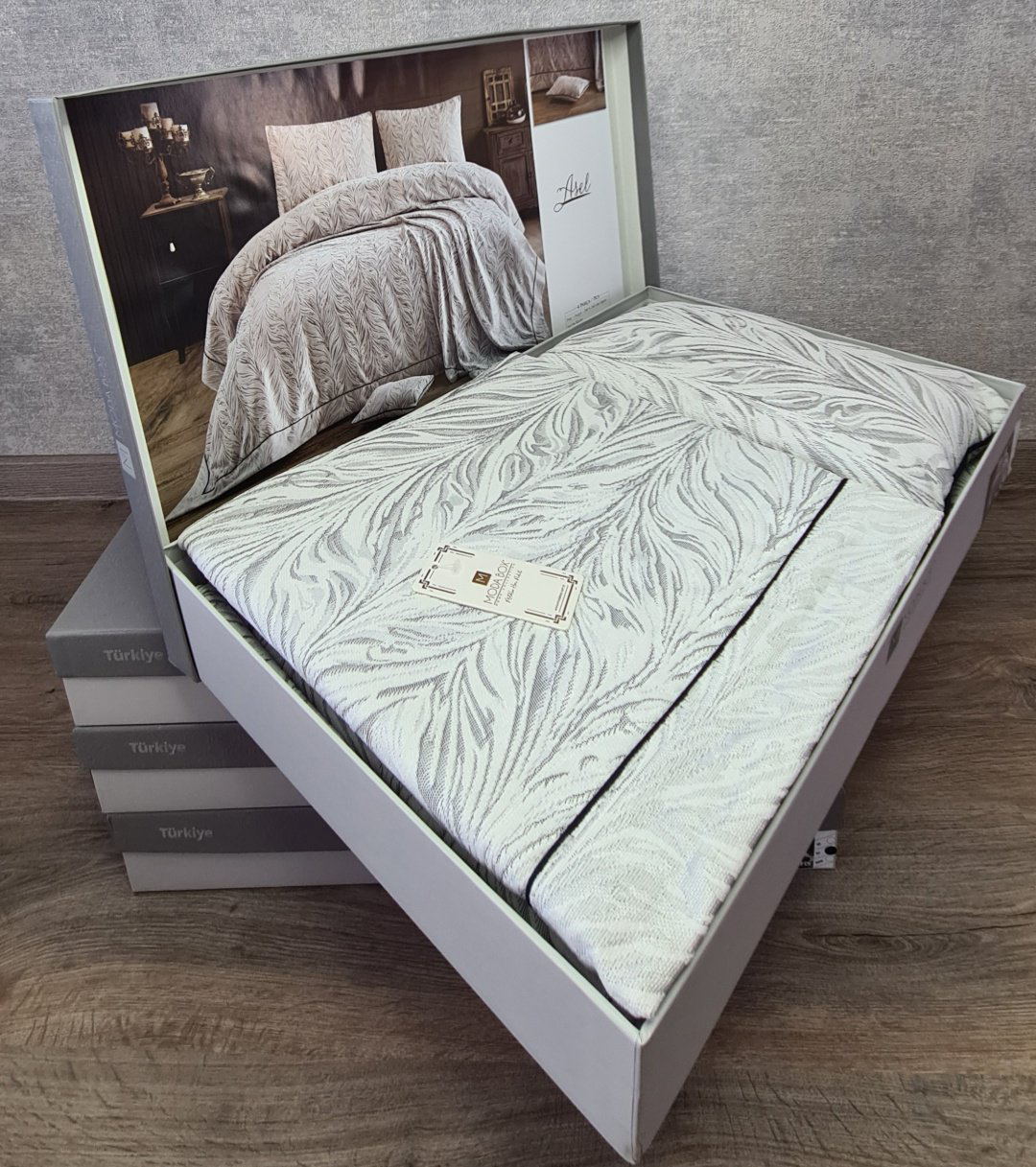 Покрывало с наволочками Moda Box 240х260 см, хлопок, жаккард, белый, серый купить,NaN