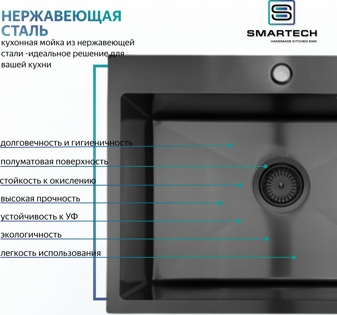 Кухонная мойка SMARTECH 7545B врезная 75х45х22 см, нержавеющая сталь, тон графитовый