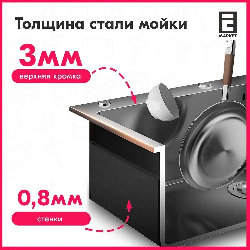 Кухонная мойка 919529353 врезная 60х45х20 см, сталь, тон серебристый металлик купить,0