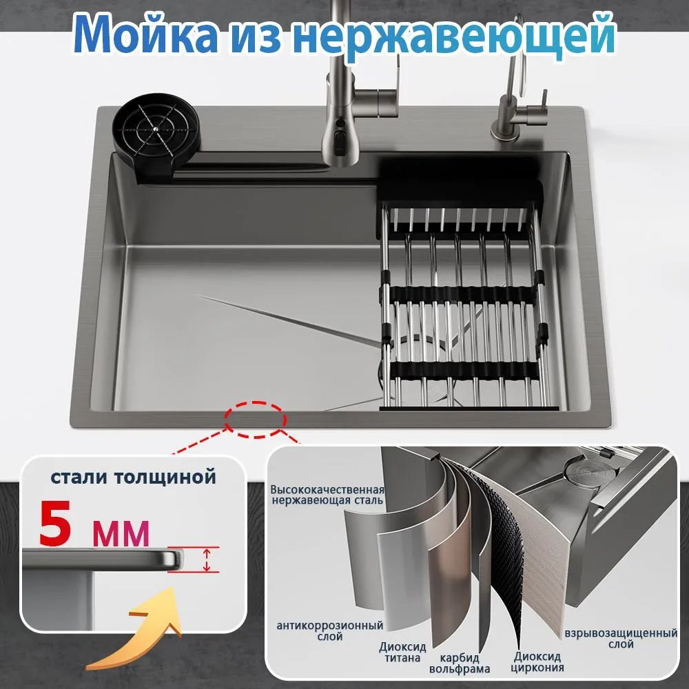 Кухонная мойка 294218745 врезная 60х45х22 см, нержавеющая сталь, тон базальт купить,NaN
