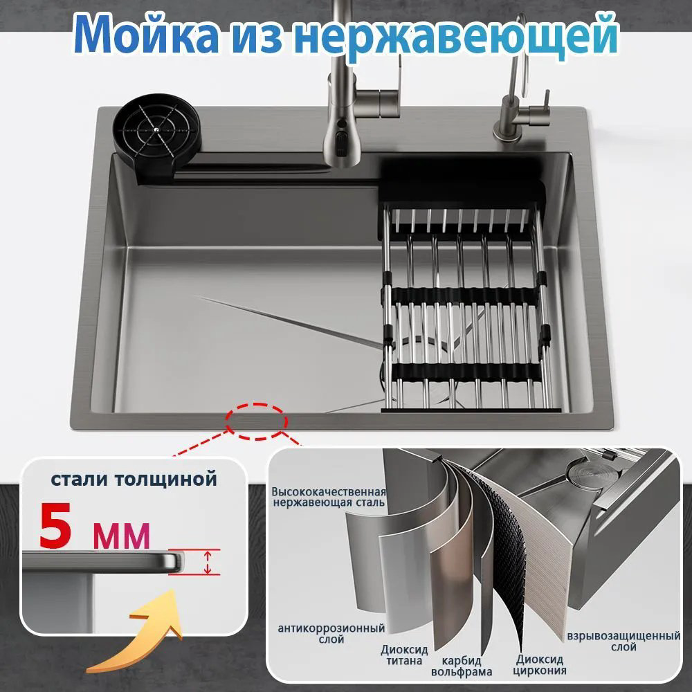 Кухонная мойка 294218745 врезная 60х45х22 см, нержавеющая сталь, тон базальт купить,NaN