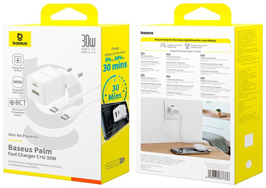 Зарядное устройство Baseus Palm C+U 30W USB Type-C, USB 30 Вт белый купить,11619