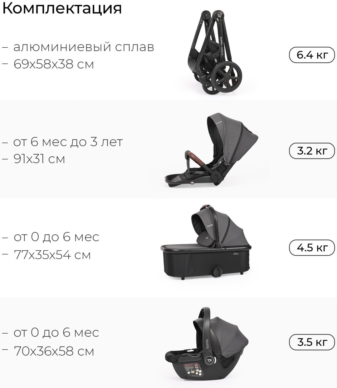Коляска универсальная 3 в 1 TOMIX SELENA 3IN1, серый купить,0