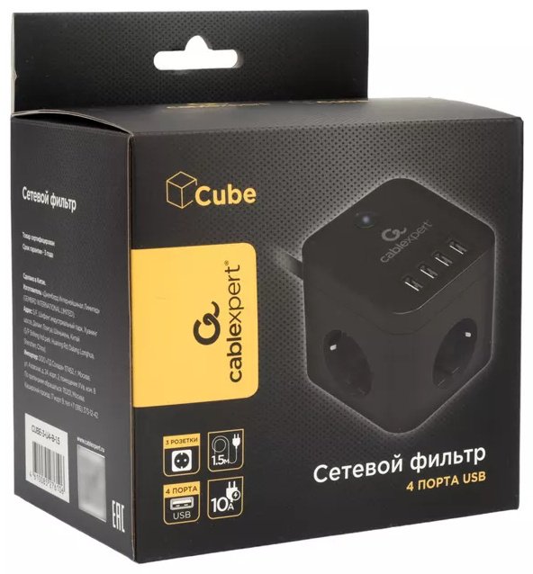 Сетевой фильтр Cablexpert CUBE-3-U4-B-1.5, 1.5 м купить,12490