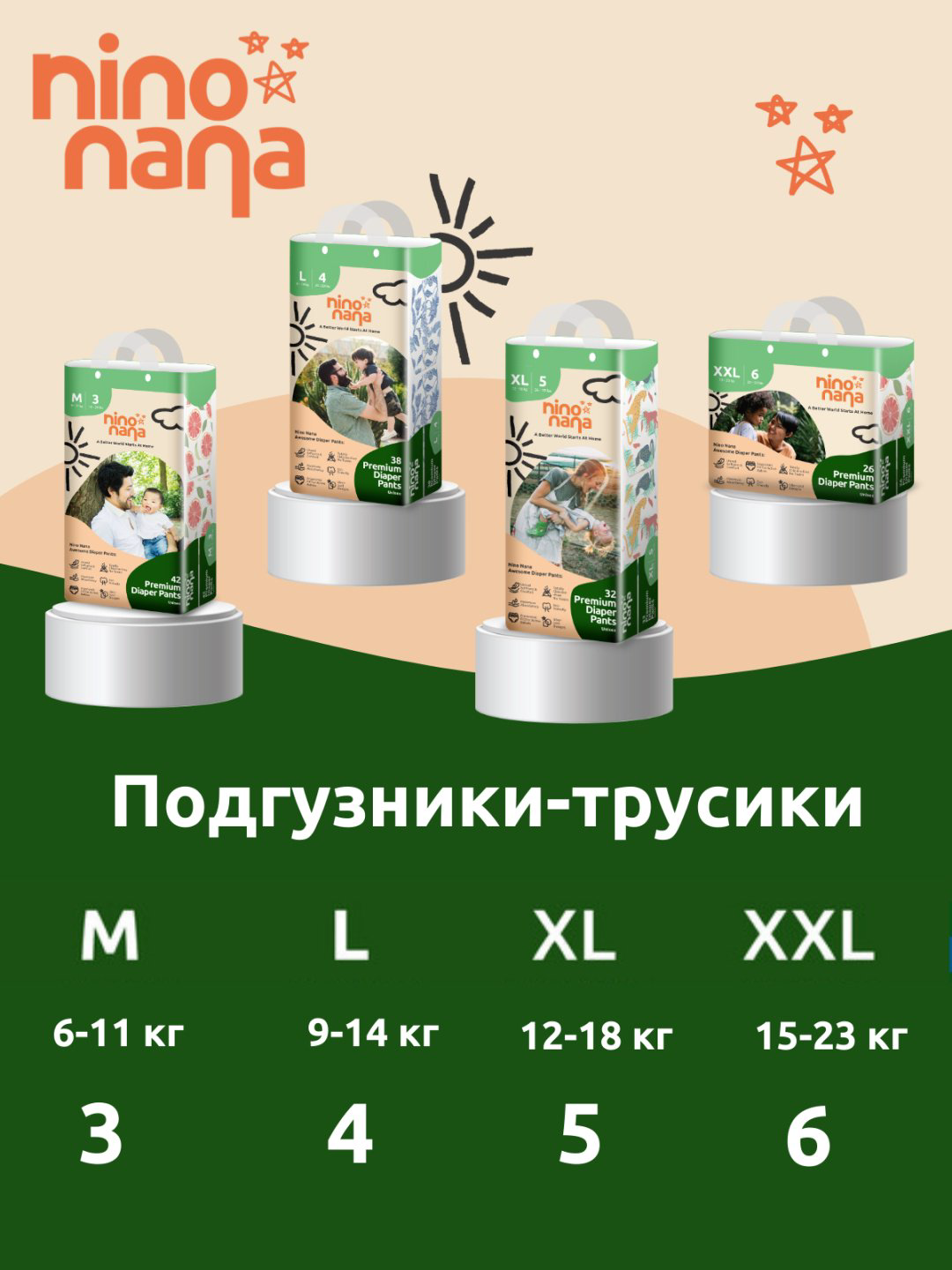 Подгузники-трусики Nino Nana Eco XL, 32 шт купить,NaN