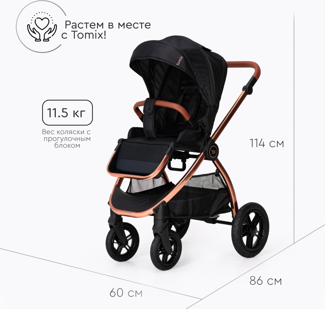 Коляска универсальная 2 в 1 TOMIX Walker Lux, черный, золотой купить,0