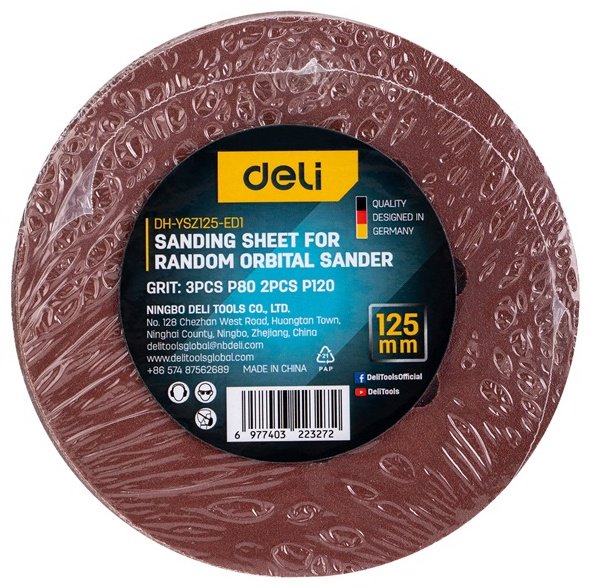 Шлифовальный круг DELI 125 мм, абразивный материал Р120, 5 шт. арт. DH-YSZ125-ED1