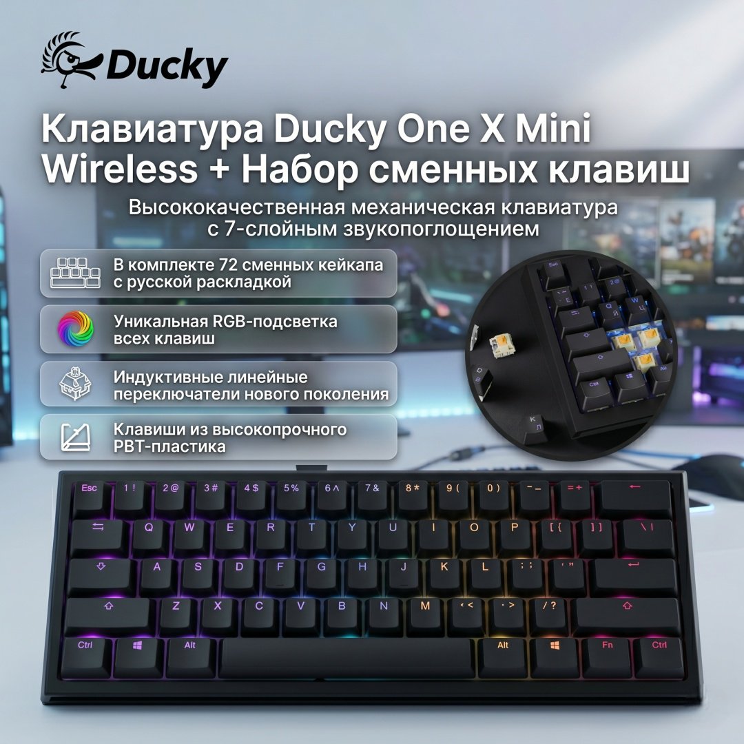 Клавиатура Ducky Ducky One X Mini Wireless + Набор сменных клавиш на русском языке черный купить,NaN