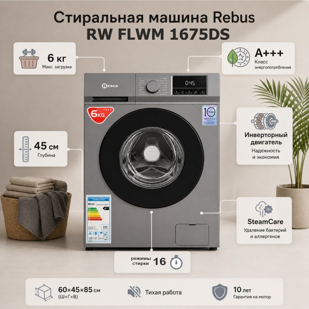 Стиральная машина Rebus RW FLWM 1675DS серый купить,NaN