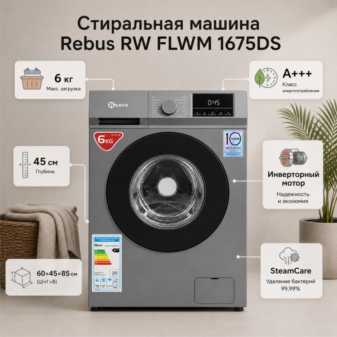 Стиральная машина Rebus RW FLWM 1675DS серый купить,NaN