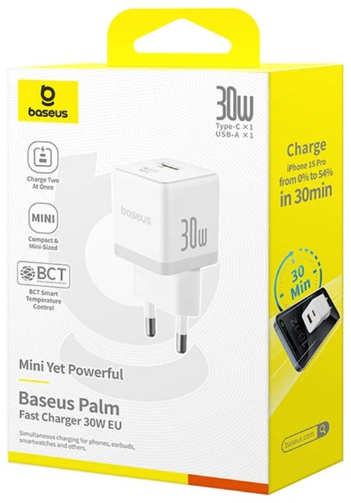 Зарядное устройство Baseus Palm C+U 30W USB Type-C, USB 30 Вт белый купить,NaN