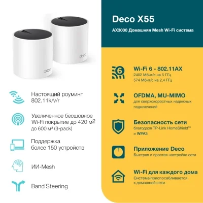 Беспроводная Mesh-система GbE AX3000 Tp-Link Deco X55 2-pack Wi-Fi 6 White купить,0