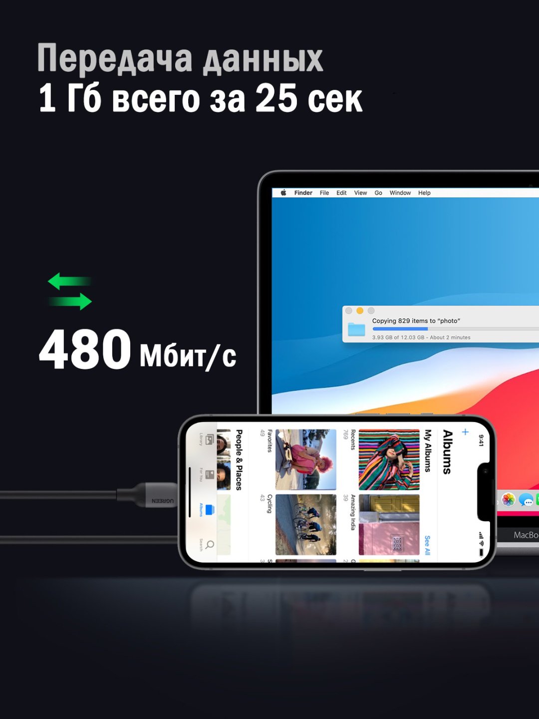 Кабель Ugreen USB TypeC (M), Lightning (M), 1 м, черный купить,0