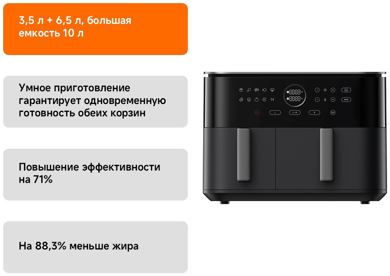 Двойной аэрогриль Xiaomi Dual Zone Air Fryer 10 л черный, серый