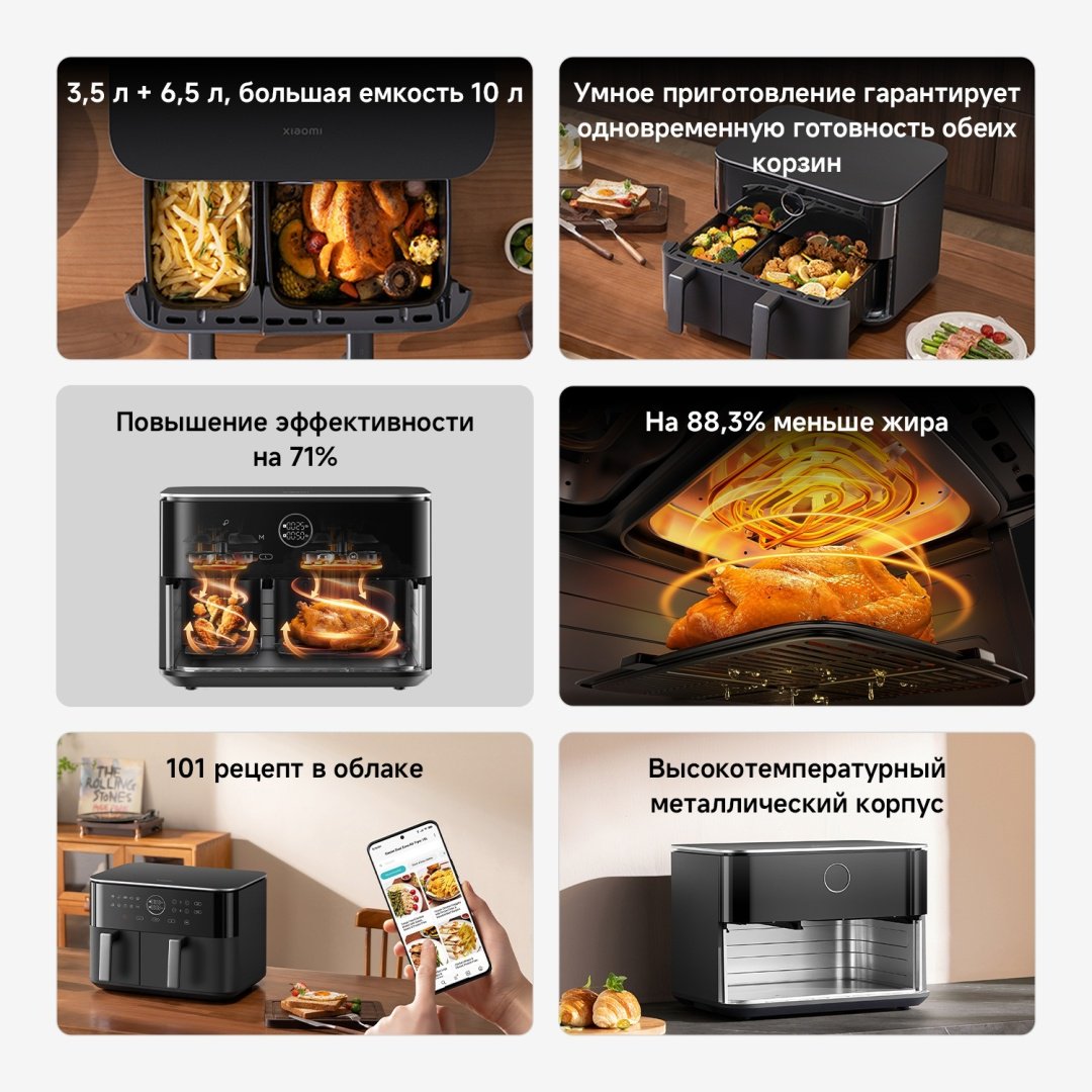 Двойной аэрогриль Xiaomi Dual Zone Air Fryer 10 л черный, серый