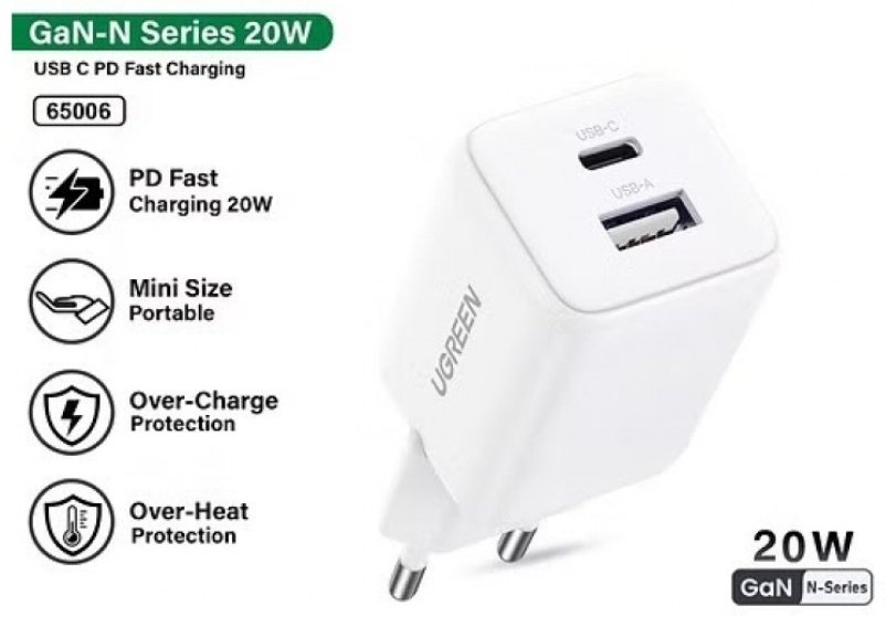 Зарядное устройство Ugreen X514 USB Type-C, USB 20 Вт белый купить,NaN