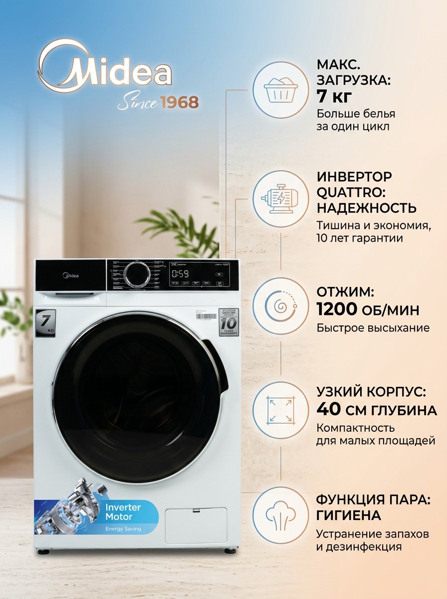 Стиральная машина Midea MFA01W70B/W-C белый, черный купить,NaN