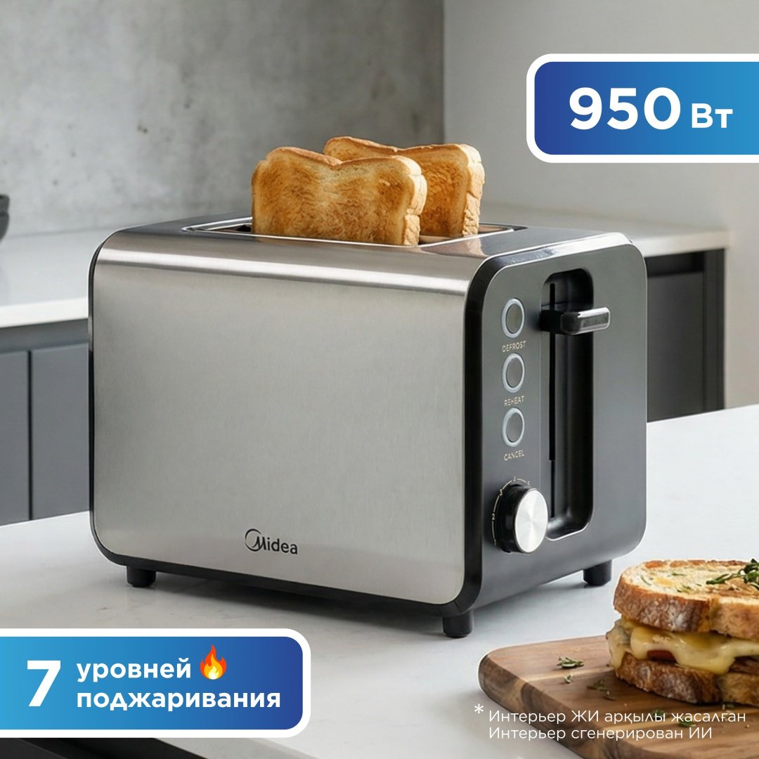 Тостер Midea MT-RW2L20W стальной, черный купить,NaN