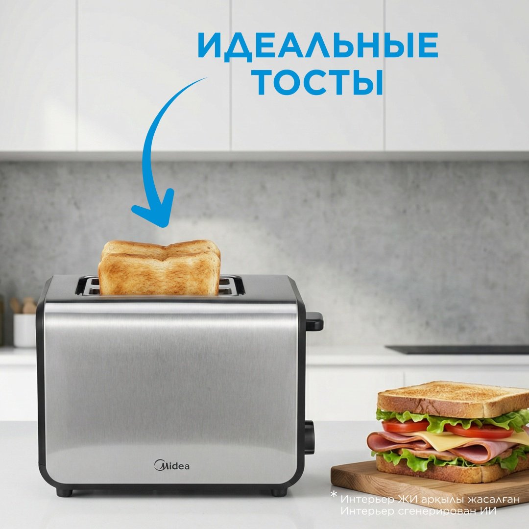 Тостер Midea MT-RW2L20W стальной, черный купить,NaN