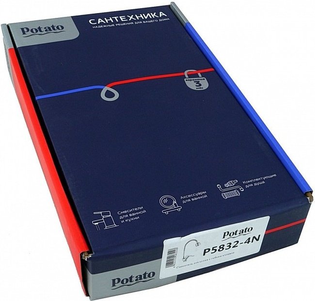 Смеситель с гибким изливом Potato P5832-4N, цинк, цвет хром