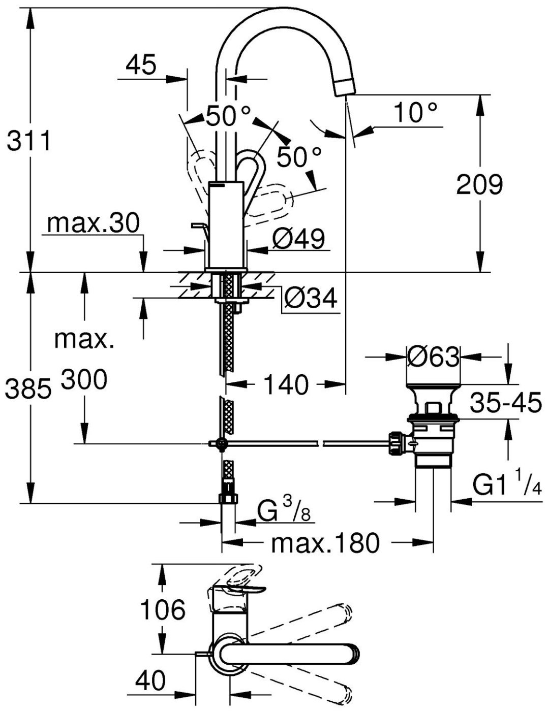 Смеситель для раковины (умывальника) Grohe BauLoop 23763000 однозахватный купить,89579