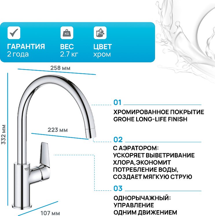 Смеситель для кухни (мойки) Grohe 31538001 , однозахватный купить,69020