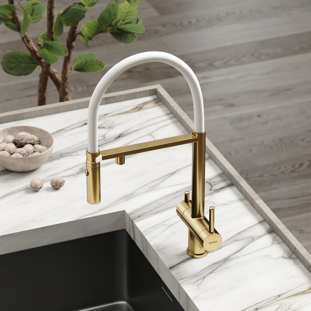 Смеситель для кухни Sancos SC4010BG, латунь, цвет белый, золотой