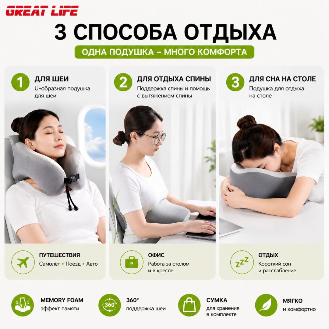 Ортопедическая подушка для шеи GREAT LIFE 29x29 см, пена с эффектом памяти