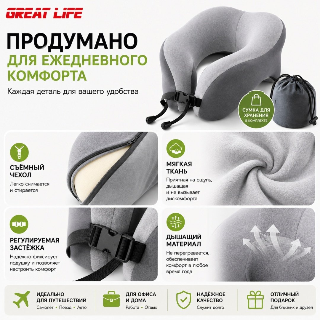 Ортопедическая подушка для шеи GREAT LIFE 29x29 см, пена с эффектом памяти