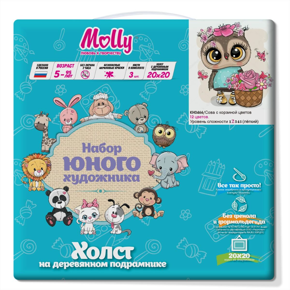 Картина по номерам Molly Сова С Корзиной Цветов 20х20 12 цветов купить,NaN