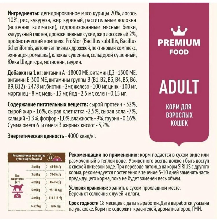 Корм Sirius Adult для взрослых лосось, рис 1.5 кг купить,NaN