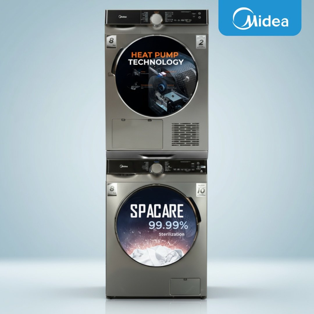 Стиральная машина Midea MFK03W80B/S-C + сушильная машина Midea MDK03H80/S-C + стыковочный комплект Midea SK-DS выдвижной серый