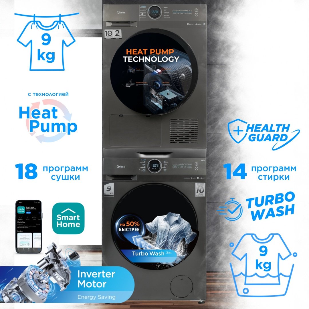 Стиральная машина Midea MF200W90WB/T-C+ сушильная машина MD200H90WB/T-C+ стыковочный комплект Midea SK-DS серый