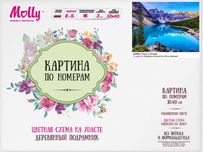 Картина по номерам с цветной схемой Molly Озеро в Канаде 30х40 19 цветов купить,NaN