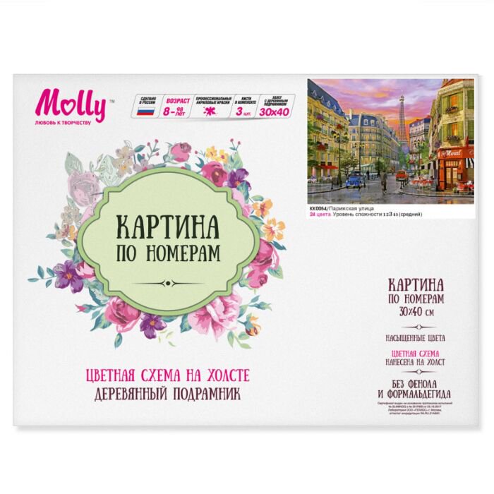 Картина по номерам с цветной схемой Molly Парижская Улица 30х40 24 цвета купить,NaN