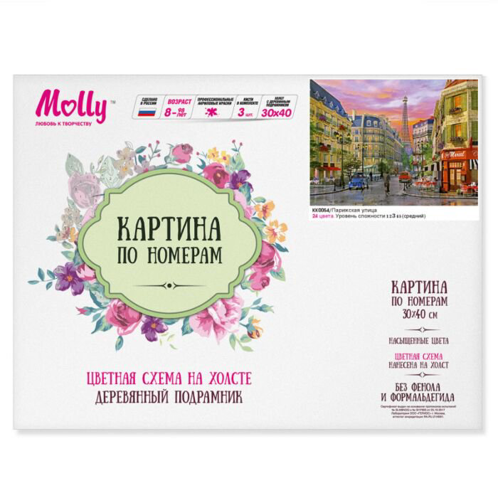 Картина по номерам с цветной схемой Molly Парижская Улица 30х40 24 цвета купить,NaN