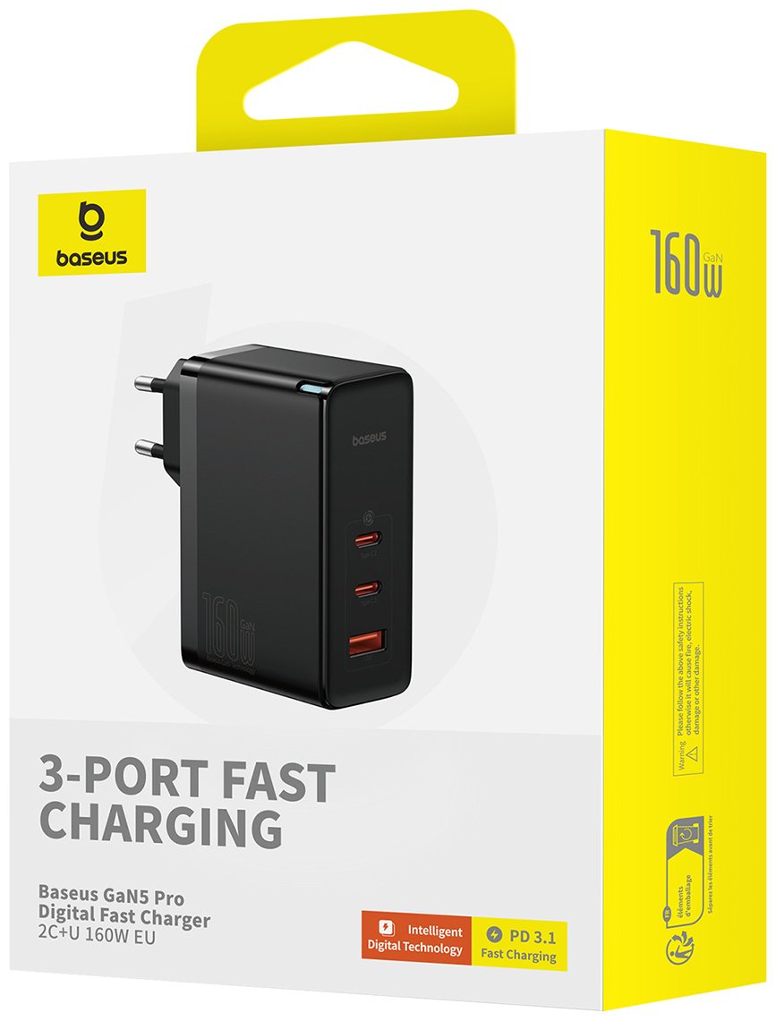 Зарядное устройство Baseus GaN5 Pro 2C+U 160W USB Type-C, USB черный купить,NaN