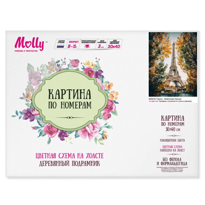 Картина по номерам с цветной схемой Molly Париж Эйфелева Башня 30х40 16 цветов купить,NaN