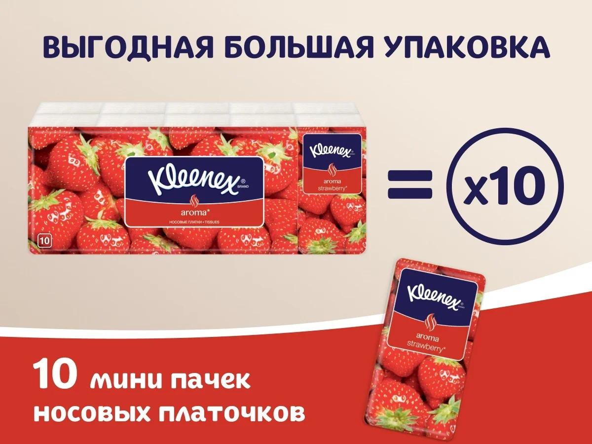Платочки бумажные Kleenex Aroma клубника 10 пачек по 10шт  купить,NaN