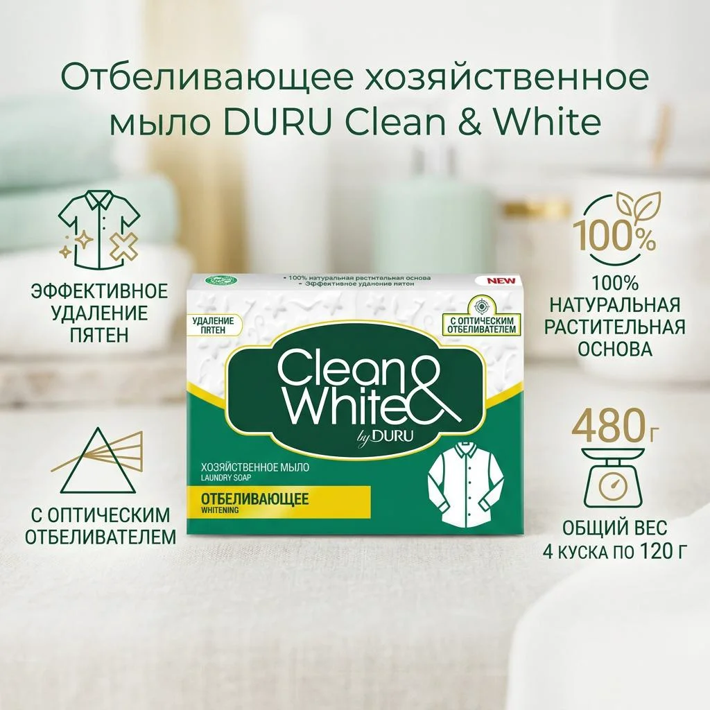 Кусковое мыло Duru Clean&White отбеливающее без аромата 120г по 4шт купить,NaN