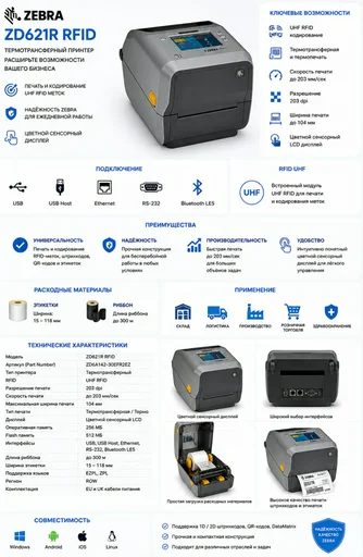 RFID принтер Thermal Transfer Printer (74/300M) ZD621R, Color Touch LCD; 203 dpi, USB, USB Host, Ethernet, Serial, BTLE5, ROW, RFID - UHF, EU and UK Cords, Swiss Font, EZPL
