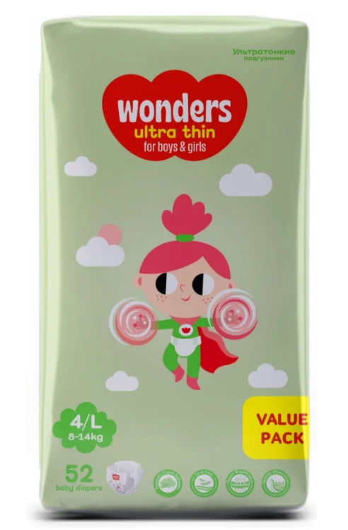 Подгузники Wonders ultra thin 4 L 8-14кг 52 шт купить,NaN