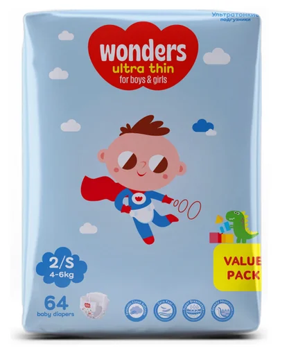 Подгузники Wonders ultra thin 2 S  64 шт