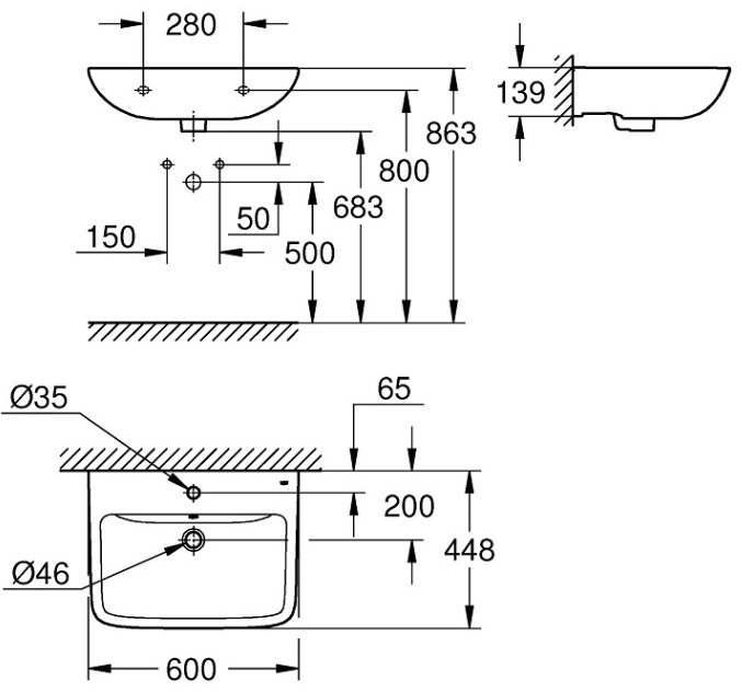 Раковина подвесная 60 см Grohe 39808000 купить,73100