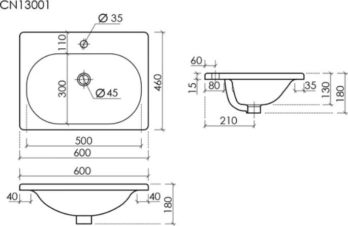 Раковина Ceramicanova Sabo CN13001 накладная прямоугольная 60, санфарфор