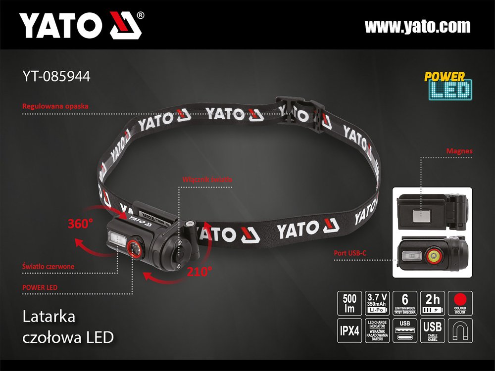 Фонарь YATO YT-085944 налобный черный