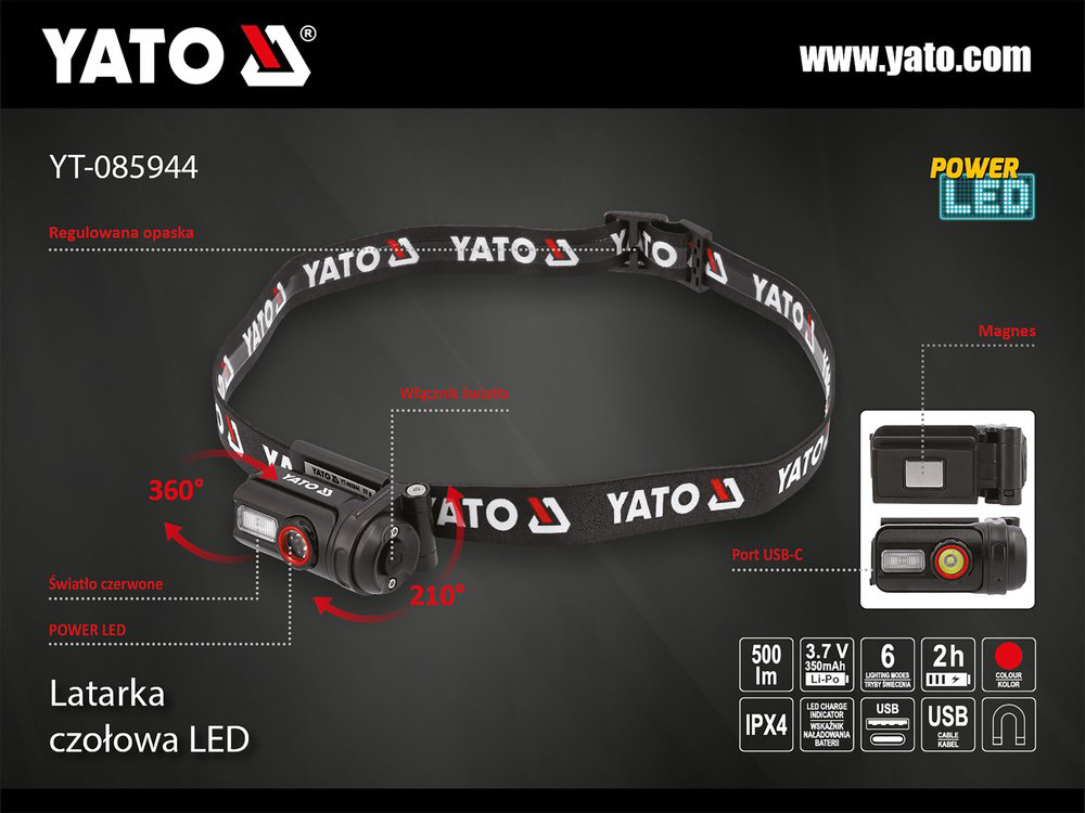 Фонарь YATO YT-085944 налобный черный купить,NaN