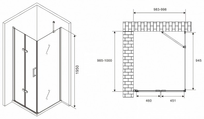 Душевое ограждение KABINKA.KZ двухстенное AG08100P-S101, 1000х1950 мм купить,NaN