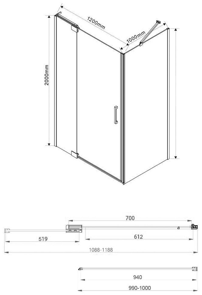 Душевое ограждение KABINKA.KZ двухстенное VSR-1E111210CL, 1100х2000 мм